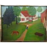 Charles Orloff (20th century American) - Red Shutter Farm, naive style study of farm buildings