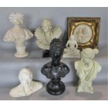 A collection of classical type resin busts to include a aristocratic figure in a ruff collar,