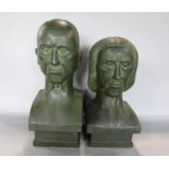 Pair of French carved soft wood busts of a male and female character in the manner of Grant Wood's