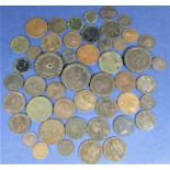 A collection of 18th and 19th century English bronze coinage, cartwheels, bronze tokens, etc