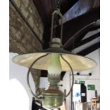 Early 20th century brass hanging lantern, with shade and brass bracket, 60cm high approx