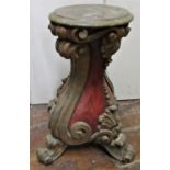 Carved and painted torchere/stand in a rococo manner with scrolled toes, acanthus and other detail