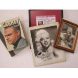 A miscellaneous collection of items including a framed sepia photograph of James Cagney with