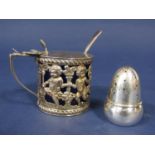 Late Victorian silver lidded mustard, the hinged top with scallop shell thumb piece over a bowl