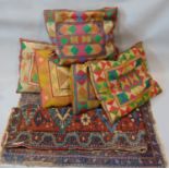 Mixed textiles including a Sumak rug (AF) 160 x 110cm, a Persian prayer mat (AF), 5 hand worked