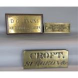 Collection of brass signs inscribed 'DJ Jenkins Auctioneer and Valuer,' upon an oak plaque, 22 x