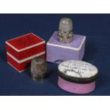 Charles Horner silver thimble together with a further silver thimble and Bilston type enamel box,