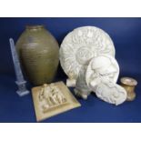 A collection of Grand Tour to include a stone obelisk, an alabaster bust, various cameo plaques, a