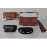 2 pairs designer sunglasses by Ray Ban and Gucci with cases, a suede purse by Anya Hindmarch and a