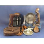 Mixed lot to include tribal treen carving, an unusual Lalique type glass mascot fitted within a