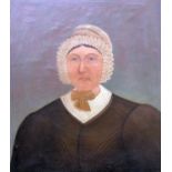 19th century naive school - Bust length portrait of a woman in white lace trimmed bonnet and brown