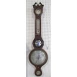 Flame mahogany and box wood banjo barometer thermometer with engraved silver dial by A. Molinari