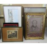 A collection of pictures and prints including a bust length 19th century charcoal portrait of a