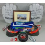 Mixed collection of Formula One merchandise including 2 sun visors both signed by Jean Alesi, sew-on