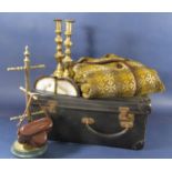 A mixed lot comprising a brass mug tree, pair of brass candlesticks, a pair of agate bookends,