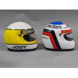 2 boxed Formula 1 replica model helmets for Jean Alesi and Jody Scheckter, by RB Formula, 1:3 scale,