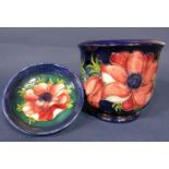 A Moorcroft blue ground cachepot with painted and purple anemone decoration with painted initials