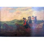 Late 18th century naive school coaching scene with figures on the London to Brighton coach