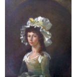 18th century half length portrait of a young woman in white mob cap, oil on board, 13 x11.5cm in