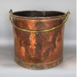 Good antique riveted cooper log bin with hinged brass handle, 29cm high