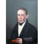 19th century school - Bust length study of a man in black jacket holding a telescope, oil on canvas,