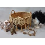 Mixed lot including round wicker basket with croche decoration, 'Cresta' black feather hat, bag of