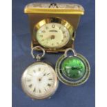 Antique .935 silver fob watch with engraved case and enamel dial with Roman numerals in gilt