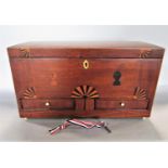 Late 18th/early 19th century, possibly American Colonial inlaid mahogany tea caddy, the hinged lid