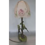 Good quality early 20th century figural cast metal table lamp, decorated with budgies on a branch,