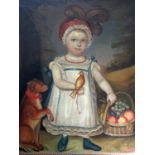 19th century naive school - Full length portrait of a standing child in a landscape setting
