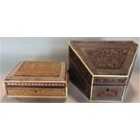 Two Indian Vizagapatam boxes, one triangular shaped box decorated with an elephant, 22cm wide, the
