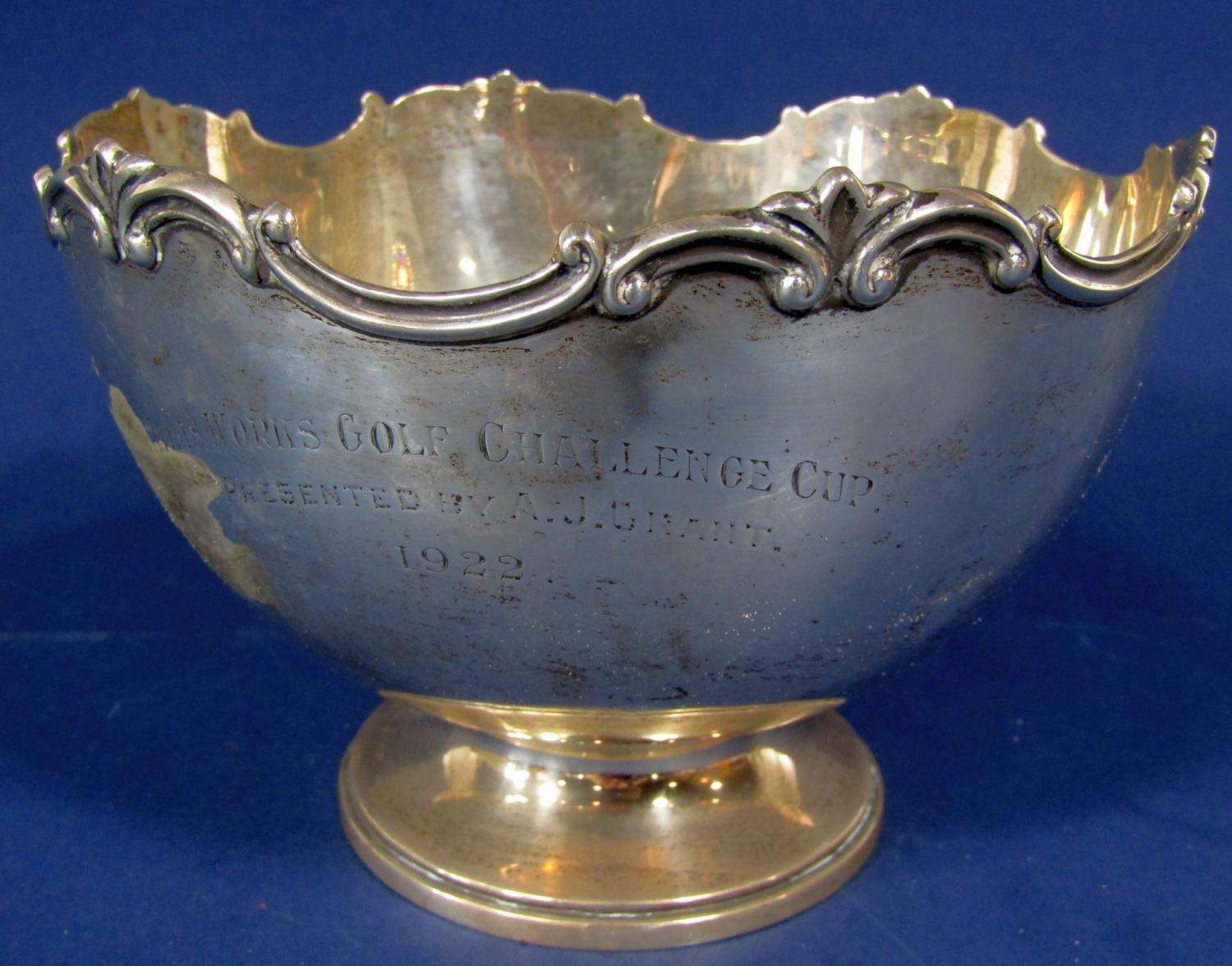 1920s silver presentation pedestal bowl inscribed Atlas Works Golf Challenge Cup, Presented by AJ