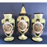 Early 20th century glass baluster garniture, each centrally decorated with a classical scene