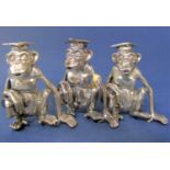 Collection of silver novelty character groups of monkeys in university mortar hats, 4 cm high, 3.5