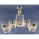 Good quality cut glass decanter set, the square cut decanter with silver collar and stopper, 27cm