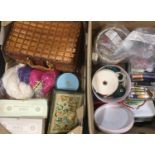 2 boxes of haberdashery including, a wooden sewing box (AF), DMC skeins, buttons etc