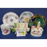 A collection of decorative ceramics including a set of six French majolica type oyster plates with