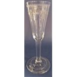 Antique elongated bell shaped wine glass with etched bands, broad foot and rough pontil mark, 18cm