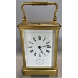 Good quality RC brass repeater carriage clock, enamel dial with subsidiary second dial, open