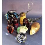 A collection of novelty glass paperweights in the form of animals to include two elephants, owl,