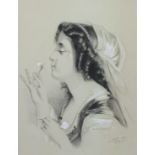 B S Jones (early 20th century British school) - Bust length study of a young girl blowing