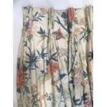 1 pair full length curtains with a blue and pink floral design on pale ground and pink scalloped