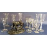 A mixed collection of antique cordial and wine glasses (mostly af) together with a further bronze
