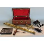 A good mixed cabinet lot comprising a brass draw telescope by Teco of London, an interesting brass