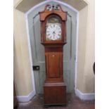 19th century oak countrymade longcase clock, the hood with swan neck pediment enclosing 32 cm broken