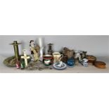 A mixed miscellaneous lot comprising arts and craft style brass candlestick, with embossed drip