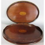 Pair of small Edwardian walnut and boxwood inlaid gallery trays of oval form centrally inlaid with a