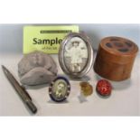 A box of interesting items to include a silver propelling pencil, a silver thimble, a inlaid treen