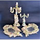 A late 19th century continental two sectional three branch candelabra with applied figure of a woman