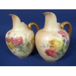 Two Royal Worcester blush ivory flat back jugs, both with painted floral decoration, one with